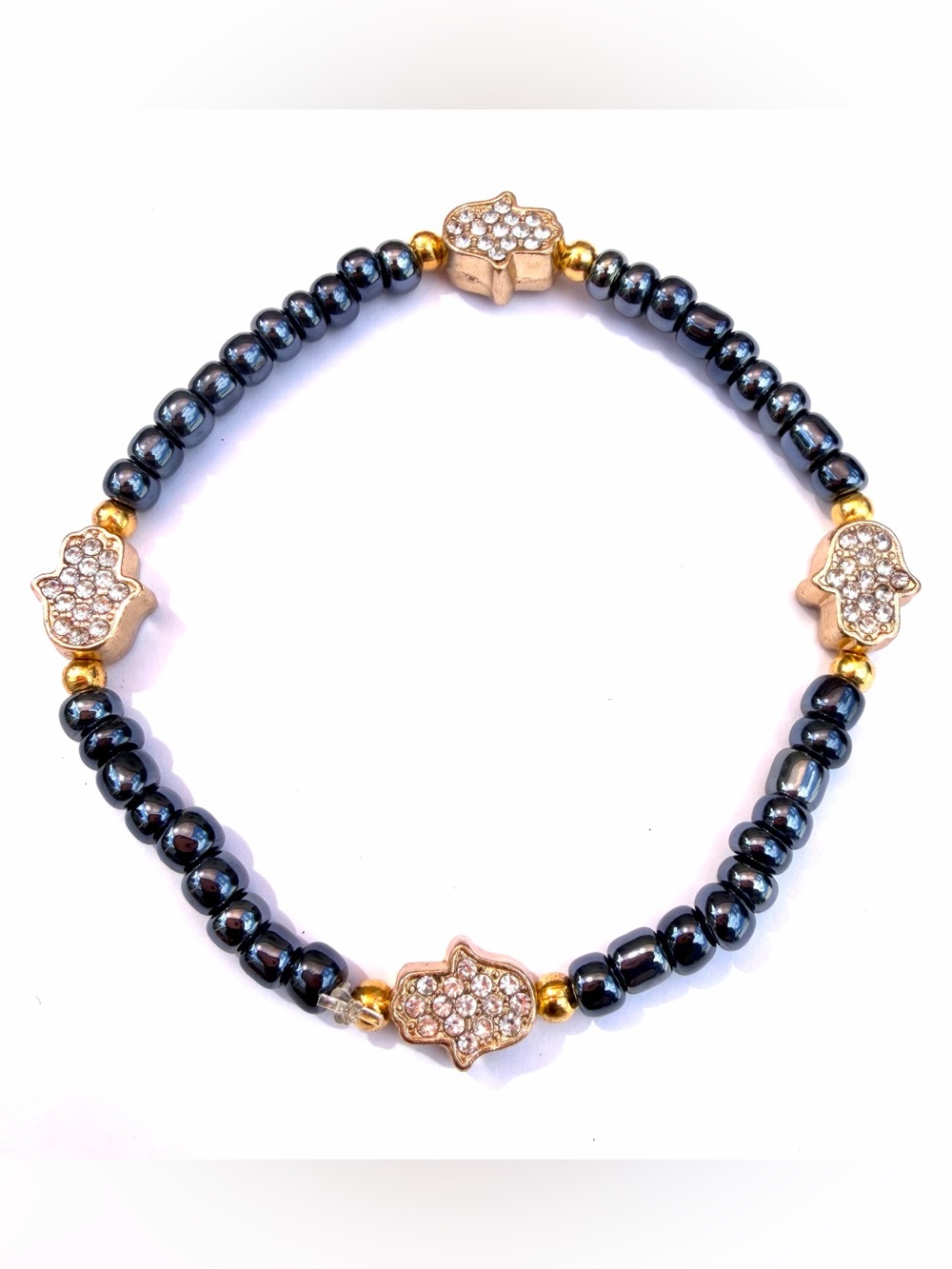 Gold Metal Hamsa Evil Eye Good Luck Charm Gray Seed Beaded Bracelet